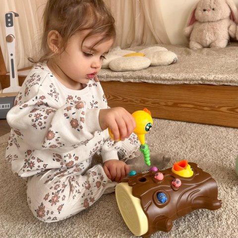 MAGNETYCZNA GRA ZRĘCZNOŚCIOWA DLA DZIECI ZŁAP ROBACZKA DZIĘCIOŁY 10 ROBACZKÓW