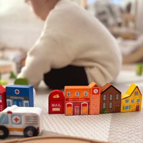 DREWNIANY ZESTAW BUDYNKÓW FIGUREK MIASTO KREATYWNE DLA DZIECI ZABAWA NAUKA