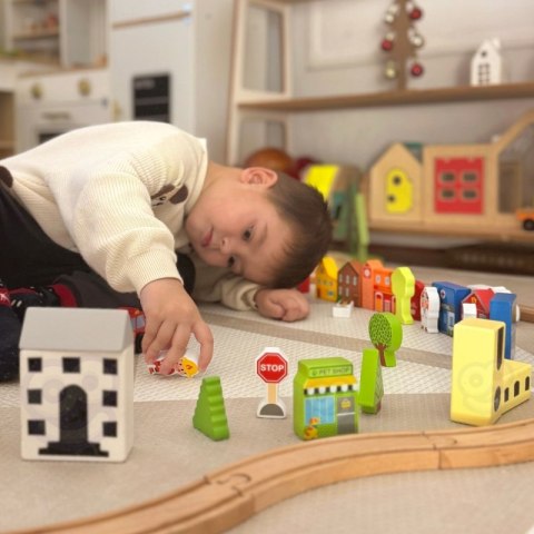 DREWNIANY ZESTAW BUDYNKÓW FIGUREK MIASTO KREATYWNE DLA DZIECI ZABAWA NAUKA