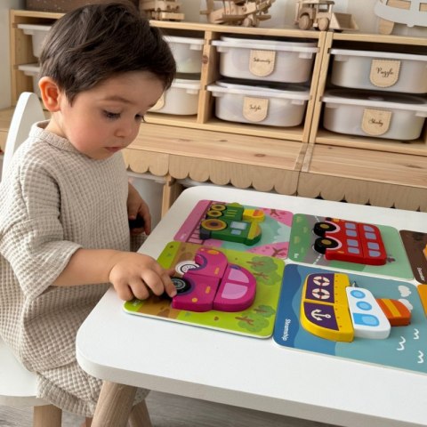 UKŁADANKA DREWNIANA KLOCKI POJAZDY DLA DZIECI MONTESSORI FSC EDUKACYJNA