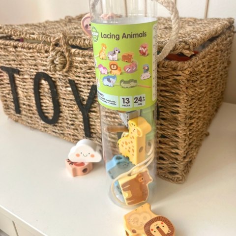 WOOPIE GREEN Drewniana Nawlekanka Klocki Przeplatanka ZOO Montessori 13 el.