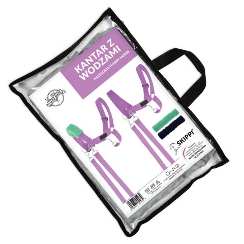 HOBBY HORSE ZESTAW KOŃ GNIADO-SROKATY DERKA NAUSZNIKI FUKSJA KANTAR LAWENDA