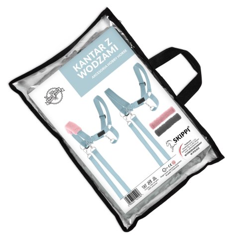 HOBBY HORSE ZESTAW KOŃ NA KIJU SZARY DWA KANTARY BŁĘKITNE Z FUTERKAMI