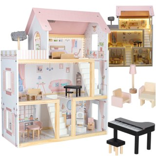 DUZY DREWNIANY DOMEK DLA LALEK RÓŻOWY 78CM ŚWIATŁA LED MEBELKI 3 POZIOMY