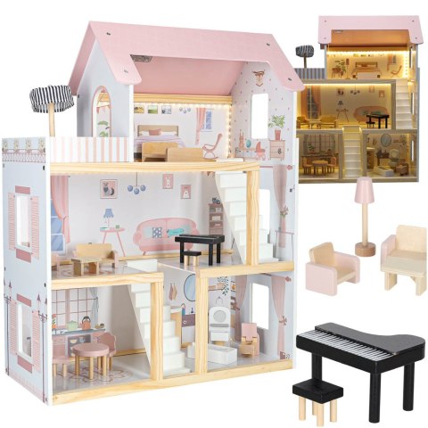 DUZY DREWNIANY DOMEK DLA LALEK RÓŻOWY 78CM ŚWIATŁA LED MEBELKI 3 POZIOMY