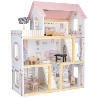DUZY DREWNIANY DOMEK DLA LALEK RÓŻOWY 78CM ŚWIATŁA LED MEBELKI 3 POZIOMY