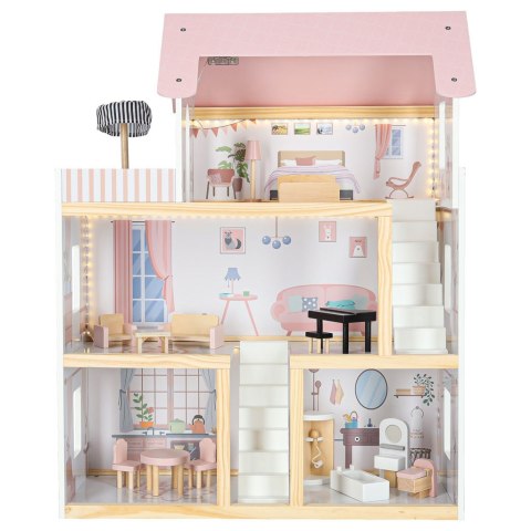DUZY DREWNIANY DOMEK DLA LALEK RÓŻOWY 78CM ŚWIATŁA LED MEBELKI 3 POZIOMY
