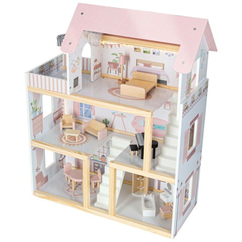 DUZY DREWNIANY DOMEK DLA LALEK RÓŻOWY 78CM ŚWIATŁA LED MEBELKI 3 POZIOMY