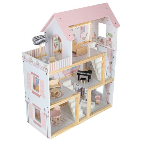 DUZY DREWNIANY DOMEK DLA LALEK RÓŻOWY 78CM ŚWIATŁA LED MEBELKI 3 POZIOMY