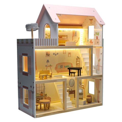 DUZY DREWNIANY DOMEK DLA LALEK RÓŻOWY 78CM ŚWIATŁA LED MEBELKI 3 POZIOMY