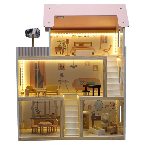 DUZY DREWNIANY DOMEK DLA LALEK RÓŻOWY 78CM ŚWIATŁA LED MEBELKI 3 POZIOMY
