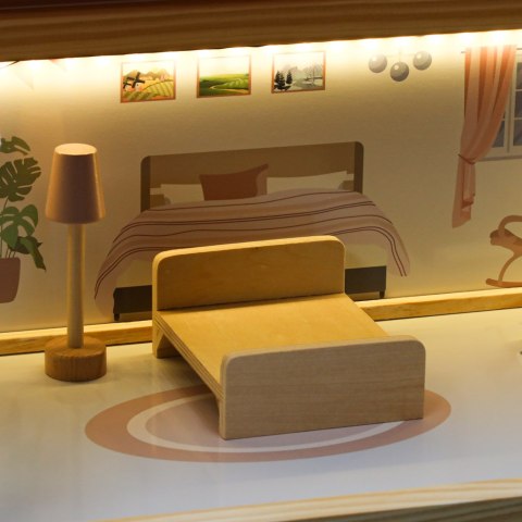 DUZY DREWNIANY DOMEK DLA LALEK RÓŻOWY 78CM ŚWIATŁA LED MEBELKI 3 POZIOMY