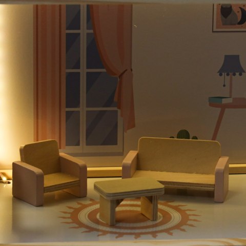 DUZY DREWNIANY DOMEK DLA LALEK RÓŻOWY 78CM ŚWIATŁA LED MEBELKI 3 POZIOMY