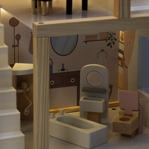 DUZY DREWNIANY DOMEK DLA LALEK RÓŻOWY 78CM ŚWIATŁA LED MEBELKI 3 POZIOMY