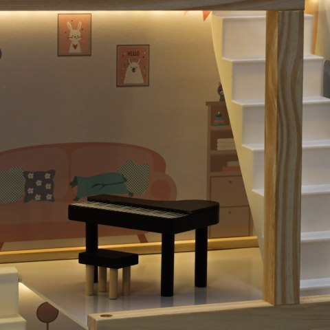 DUZY DREWNIANY DOMEK DLA LALEK RÓŻOWY 78CM ŚWIATŁA LED MEBELKI 3 POZIOMY