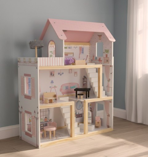 DUZY DREWNIANY DOMEK DLA LALEK RÓŻOWY 78CM ŚWIATŁA LED MEBELKI 3 POZIOMY