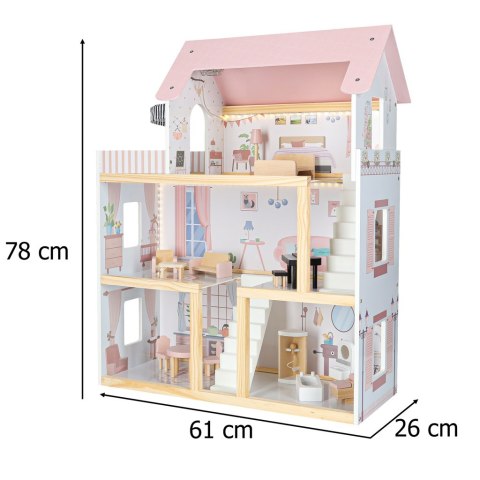DUZY DREWNIANY DOMEK DLA LALEK RÓŻOWY 78CM ŚWIATŁA LED MEBELKI 3 POZIOMY