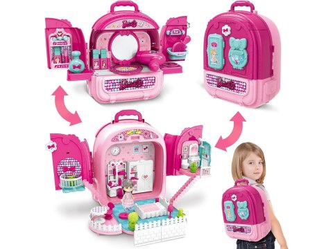 DOMEK DLA LALEK ZESTAW PIĘKNOŚCI TOALETKA W WALIZCE 3W1 PLECAK AKCESORIA