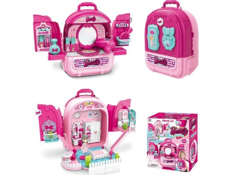 DOMEK DLA LALEK ZESTAW PIĘKNOŚCI TOALETKA W WALIZCE 3W1 PLECAK AKCESORIA