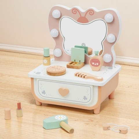TOOKY TOY Drewniana Toaletka Motyl Akcesoria Lustro z Oświetleniem LED + Kosmetyki