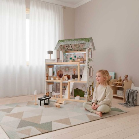 DUŻY DREWNIANY DOMEK DLA LALEK LULILO FLORO BOHO LED 78CM 3 POZIOMY MEBELKI