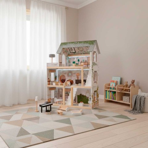 DUŻY DREWNIANY DOMEK DLA LALEK LULILO FLORO BOHO LED 78CM 3 POZIOMY MEBELKI