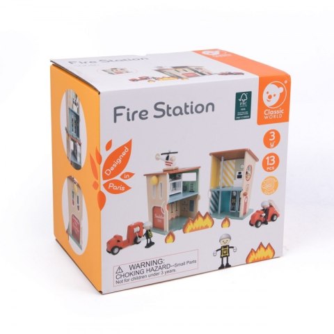 CLASSIC WORLD Remiza Strażacka Drewniana Garaż Auto Helikopter Figurki 13el.