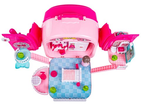 DOMEK DLA LALEK ZESTAW PIĘKNOŚCI TOALETKA W WALIZCE 3W1 PLECAK AKCESORIA