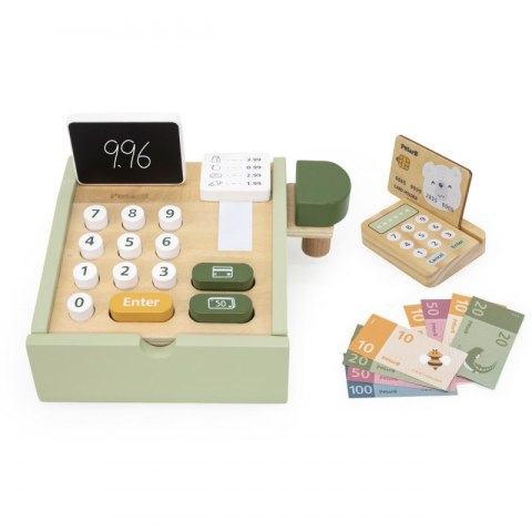 DREWNIANA KASA SKLEPOWA ZIELONA DLA DZIECI ZABAWA NAUKA UMIEJĘTNOŚCI ZABAWA