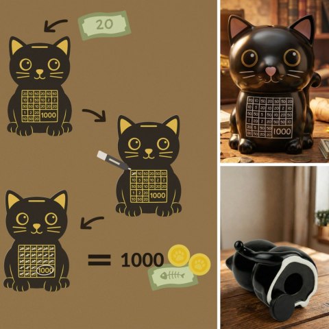 SKARBONKA KOTEK WYKREŚLANKA CZARNA CERAMICZNA MARKER OSZCZĘDZANIE