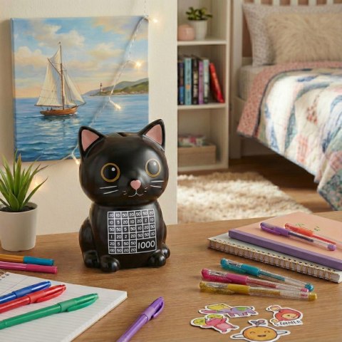 SKARBONKA KOTEK WYKREŚLANKA CZARNA CERAMICZNA MARKER OSZCZĘDZANIE