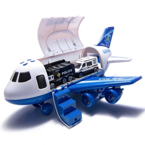 WOOPIE Samolot Rozkładany Transporter Policja z 3 Autami Policyjnymi Zestaw XL Znaki Drogowe