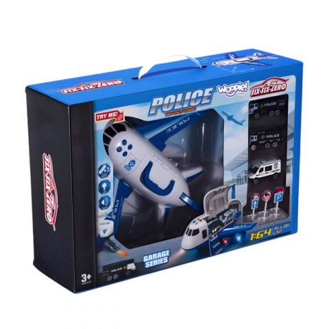 WOOPIE Samolot Rozkładany Transporter Policja z 3 Autami Policyjnymi Zestaw XL Znaki Drogowe