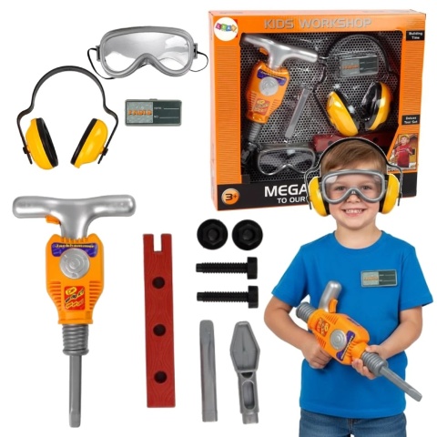 ZESTAW NARZĘDZI MŁOT PNEUMATYCZNY MAŁEGO MAJSTERKOWICZA OKULARY SŁUCHAWKI