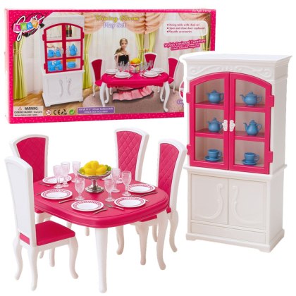 MEBELKI DLA LALEK ZESTAW 29CM JADALNIA STÓŁ KRZESŁA KREDENS ZASTAWA MEBLE