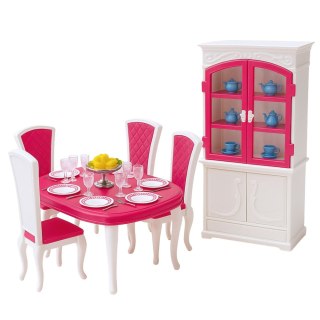 MEBELKI DLA LALEK ZESTAW 29CM JADALNIA STÓŁ KRZESŁA KREDENS ZASTAWA MEBLE