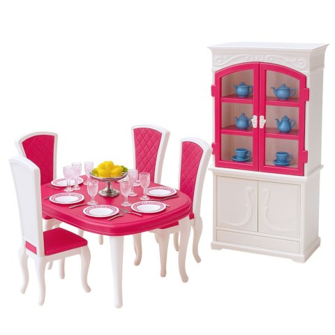 MEBELKI DLA LALEK ZESTAW 29CM JADALNIA STÓŁ KRZESŁA KREDENS ZASTAWA MEBLE