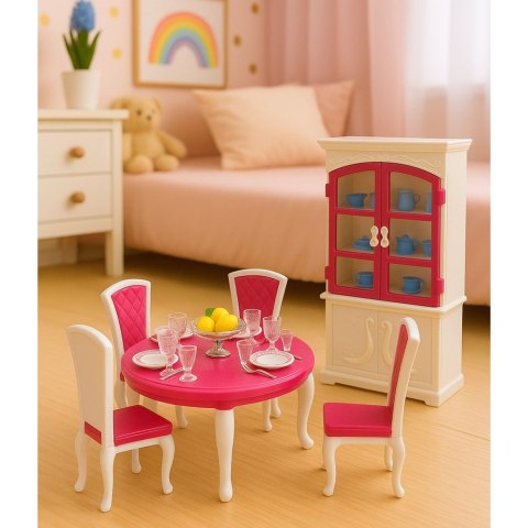 MEBELKI DLA LALEK ZESTAW 29CM JADALNIA STÓŁ KRZESŁA KREDENS ZASTAWA MEBLE