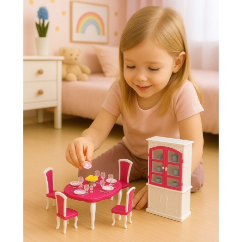 MEBELKI DLA LALEK ZESTAW 29CM JADALNIA STÓŁ KRZESŁA KREDENS ZASTAWA MEBLE