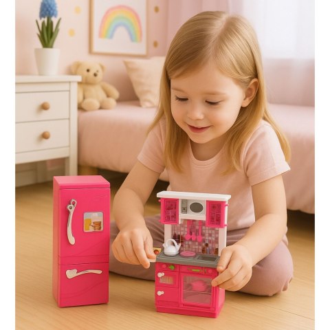 KUCHNIA DLA LALEK ZESTAW 29CM MEBELKI LODÓWKA PIEKARNIK NACZYNIA AKCESORIA