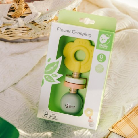 CLASSIC WORLD Drewniana Pastelowa Grzechotka Gryzak 2w1 Kwiatuszek 0+