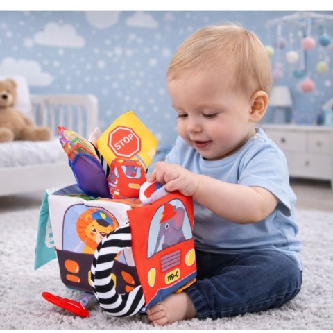 MIĘKKA KOSTKA SENSORYCZNA DLA MALUCHA LUSTERKO AUTKA ZNAKI DROGOWE 16X16CM