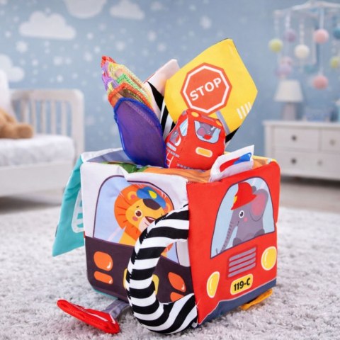 MIĘKKA KOSTKA SENSORYCZNA DLA MALUCHA LUSTERKO AUTKA ZNAKI DROGOWE 16X16CM