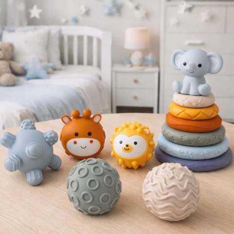 ZESTAW SENSORYCZNY DLA NIEMOWLĄT 3W1 GUMOWE KLOCKI PIŁKI WIEŻA PIRAMIDKA