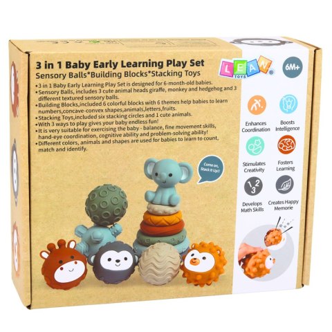 ZESTAW SENSORYCZNY DLA NIEMOWLĄT 3W1 GUMOWE KLOCKI PIŁKI WIEŻA PIRAMIDKA