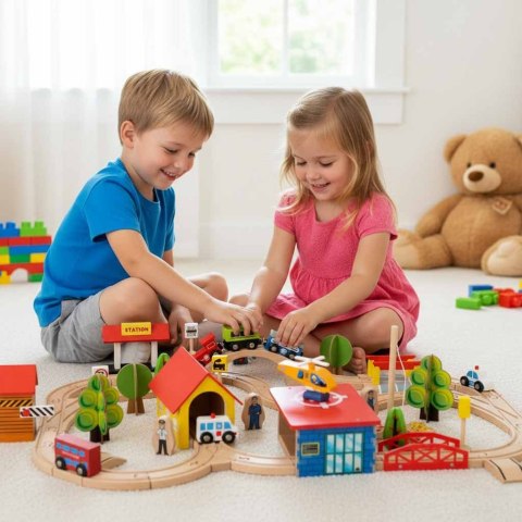 KOLEJKA DREWNIANA TOR SAMOCHODOWY 2W1 POCIĄG LOKOMOTYWA MIASTO ZESTAW 69EL.