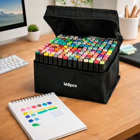 MARKERY DWUSTRONNE MAZAKI PISAKI ALKOHOLOWE ZESTAW 168 ETUI RÓŻNE KOŃCÓWKI