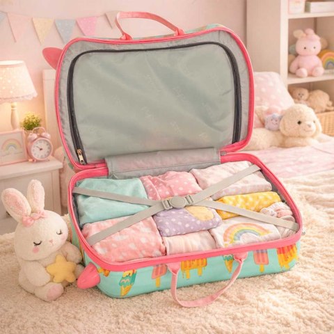 WALIZKA PODRÓŻNA DLA DZIECI NA KÓŁKACH JEŹDZIK BAGAŻ PODRĘCZNY LODY SMYCZ