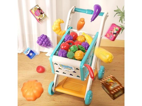 WÓZEK SKLEPOWY KOSZYK NA ZAKUPY OWOCE WARZYWA PRODUKTY ZESTAW 26 EL. NIEBIESKI