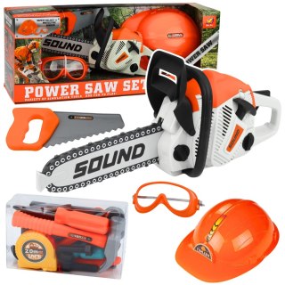 PIŁA ŁAŃCUCHOWA NA BATERIE PILARKA DLA DZIECI ZESTAW NARZĘDZI DŹWIĘKI KASK